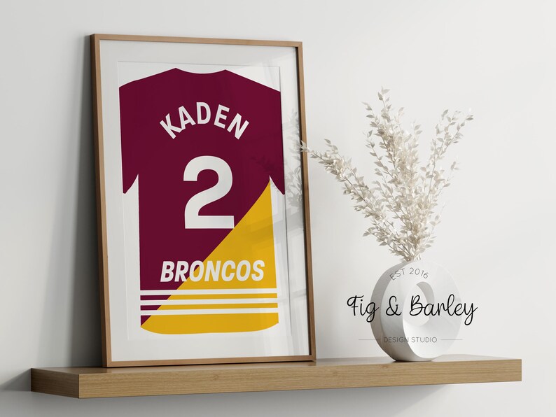 Custom Brisbane Broncos Jersey Wall Art, Personalised NRL Poster