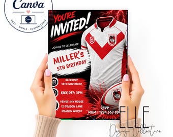 St George Illawarra Dragons Birthday Invitation, Editable Rugby League Party Invite, Canva Template