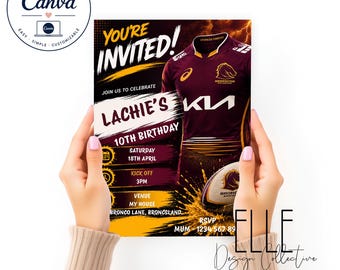 Custom NRL Birthday Invitation: Brisbane Broncos Rugby League Party 5x7", Canva Template