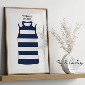 May include: A framed print of a blue and white striped jersey with the text "GEELONG EST. 1859" above the jersey.