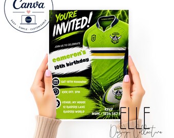 Canberra Raiders Birthday Invitation, Editable Rugby League Party Invite, Canva Template