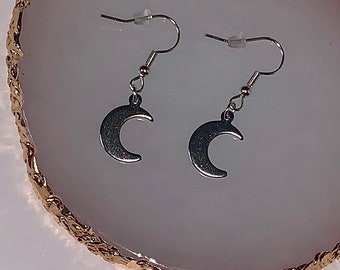 Small Moon Charm Dangle Drop Silver Earrings