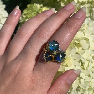 Bague en argent avec fil d'or, pierre d'humeur magique, pierres précieuses, olive