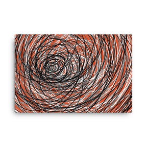 May include: Abstract art print featuring a spiral design. The artwork showcases a series of overlapping lines in black, white, and gray against a vibrant orange background. The lines create a sense of depth and movement.