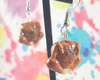 Mini Turkey Earrings, Polymer Clay Turkey Earrings, Thanksgiving Earrings, Roasted Turkey, Turkey Charms, Thanksgiving Clip On, Fun Holiday