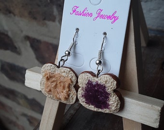 Peanut Butter and Grape Jelly Dangle Drop Earrings, Food Jewelry, Polymer Clay, Fun, Adorable, Converted Clip on options available!