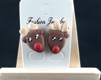Tiny Rudolph Earrings, Tiny Reindeer Earrings, Christmas Earrings, Reindeer Studs, Christmas Studs, Rudolph Clip Ons, Rudolph Studs, Pins