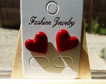 Classic Red Heart Shiny Earrings, Cute, Plain, Minimalist, Polymer Clay Studs, Converted Clip On Style Available, Clip On Heart Earrings