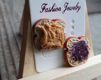 Peanut Butter and Grape Jelly Stud Earrings, Food Jewelry, Polymer Clay Food Earrings, PB and J Clip On Earrings, Converted Clip On