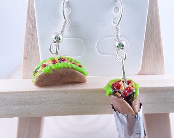 Tiny Taco and Burrito Earrings, Tiny Taco Earrings, Tiny Burrito Earrings, Taco Clip On Earrings, Burrito Clip On Earrings, Taco Charms, fun