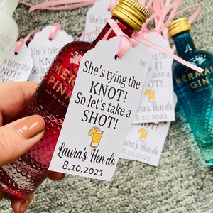 She's Tying The Knot, Let's Take A Shot Personalised Tags, Hen Do Tags, Hen Do Favours, Bridal shower tags, wedding party favours