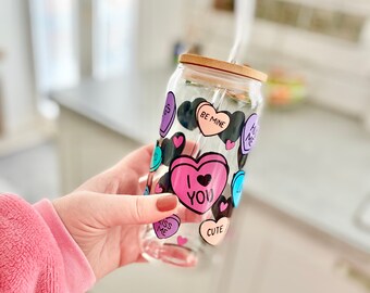 Heart Glass Can with Bamboo Lid & Straw: Valentine's Gift, Galentines gift