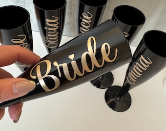 Personalised Black Champagne Flute: Bridal Party Gift, hen do gift