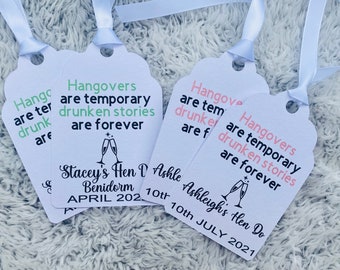 personalised hen party gift tags, hangover tags, hen party tags, hangover kit tags, wedding hangover kit, hen party gift tags
