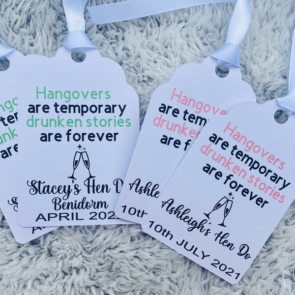 personalised hen party gift tags, hangover tags, hen party tags, hangover kit tags, wedding hangover kit, hen party gift tags