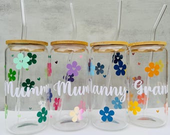 Personalised Floral Glass Can with Bamboo Lid & Straw