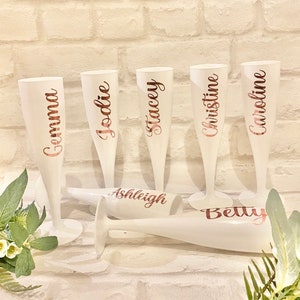 Personalised Bridal party white plastic champagne flutes, weddings, celebrations, hen do, bridesmaid gifts, prosecco flute, hen do gift,