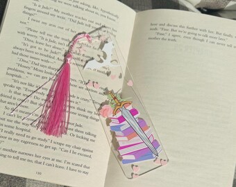 Romantasy Acrylic Bookmark with tassle  – Pink theme, books, sword and dragon