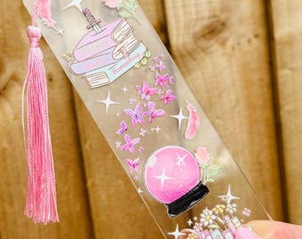 Romantasy Acrylic Bookmark – Pink Crystal Ball, Books & Butterflies