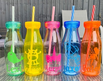 Kids milk bottle with straw, personalised milk bottle, cute summer drinks bottle, kids drinks bottle, personalised kids water bottle
