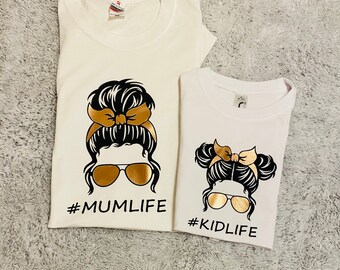 Matching messy bun tshirt, Mum life T-shirt UK, kid life T-shirt, 2 T-shirt bundle, mummy and kids matching tshirt, mummy and mini