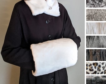 Hand Muff, Hand Warmer, Soft Faux Fur, White, Black, Beige, Brown, Leopard, Vintage-Style, Handmade in Canada, Christmas Gift for Her