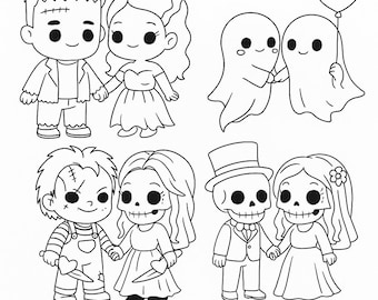 Pagine da colorare di Halloween Kawaii stampabili / Libro da colorare spettrale e carino / Fogli da colorare gotici accoglienti / Chibi horror PDF download immediato