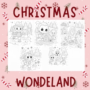 May include: A coloring book with the words "CHRISTMAS WONDELAND" in burgundy. The book features black and white illustrations of horror movie characters in winter scenes, including Freddy Krueger, Michael Myers, and Jason Voorhees.