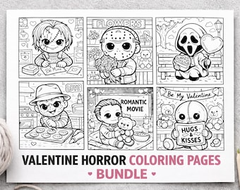 Valentine Horror Coloring Pages Bundle | Cute Chibi Horror Coloring Sheets | Spooky Valentine Printable | Goth Valentine Coloring Pages PDF