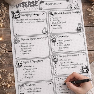 May include: A black and white medical study sheet on hypertension, with sections on pathophysiology, risk factors, signs, symptoms, diagnostics, nursing interventions, and treatment. A cup of coffee and decorative items are in the background.