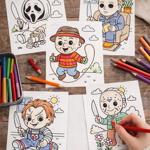 May include: Five horror movie character coloring pages with a knife. Characters include Ghostface, Michael Myers, Freddy Krueger, Chucky, and Jason Voorhees. A hand is coloring Jason with a red pencil. Colored pencils are in a metal tin.