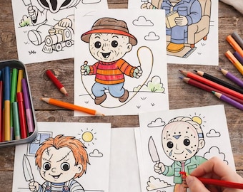 Chibi Horror Coloring Pages: Ghostface, Chucky, Freddy, Jason (PDF Download)