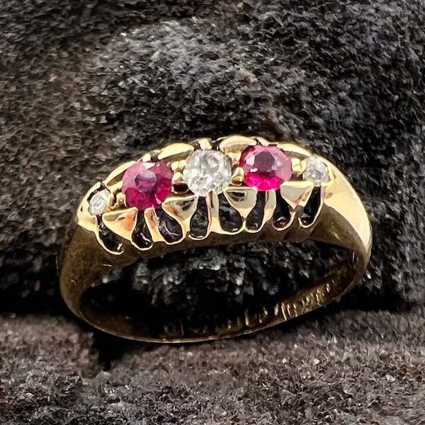 1863 Antique Victorian 18ct Ruby & Diamond Boat Ring Size K.5 [USA 5.375] Solid 18k Yellow Gold Fully Hallmarked Birmingham 2.3g