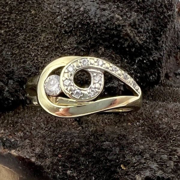 Vintage 8ct CZ Gypsy Evil Eye Belt Buckle Style Ring Size N.5 [USA 6.75] Solid 8k Yellow Gold Cubic Zirconia European 2.2g Germany