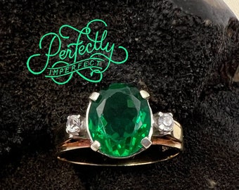 Vintage 9ct Emerald Paste Ring Size P [USA 7.5] Cocktail Statement Solid 9k Yellow Gold With Large Oval Stone 3.53g *Perfectly Imperfect*