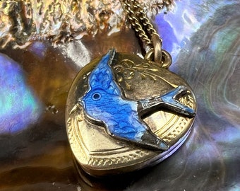 9ct Traditional Bluebird Heart Pop-Apart Locket 9k Yellow Gold LD Genuine Vintage Blue Bird Of Happiness Jewellery on 40cm Chain