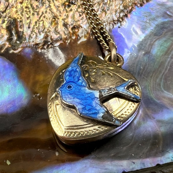 9ct Traditional Bluebird Heart Pop-Apart Locket 9k Yellow Gold LD Genuine Vintage Blue Bird Of Happiness Jewellery on 40cm Chain