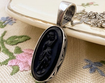 Small 925 All Black Oval Cameo Concave Pendant on 45cm Chain Solid Vintage Sterling Silver Classical Dancer Figure In Ornate Frame 4.94g