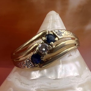 9ct Sapphire & Diamond Curved Ring K [U.S. 5.5] Vintage Solid 9k Yellow Gold