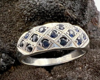 925 Vintage Sapphire Semi Bombé Style Ring  Size M.5 [USA 6.25] Sparkling Gypsy Multi-Stone Bohemian Design Solid Sterling Silver 2.22g