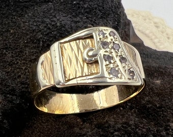 1965 Gold 9ct Diamond Belt Buckle Ring Size W [U.S. 11.125] Solid Vintage 9k Yellow by Fred Manshaw Goldsmith London 3.61g Wide Band Large