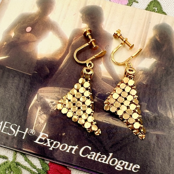 Vintage Gold GLOMESH Screw Back Earrings Mesh Kite Drop Dangle Earring Pair Australian Made