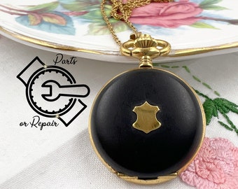 Vintage Black With Gold Shield Mini Pocket Watch Necklace + Original 70cm Chain Eagle Star Genève *Parts or Repair* or Repurpose As A Locket