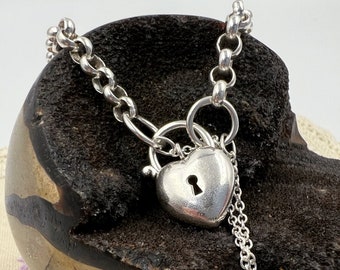 925 Plain Puffed Heart Padlock Bracelet Belcher Rolo Chain 19cm Solid Vintage Sterling Silver With Safety Chain Weighty At 10.6g