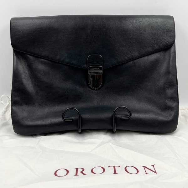 Black Oroton Genuine Pebbled Leather Laptop Folio Compendium Large Document Envelope Clutch Style Signature Lining With Dust Bag Unisex