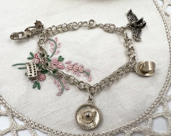 1923 Silver Unusual Charm Bracelet With 5 Large Charms 17.5cm Every Link Pair Stamped London Hallmarks Solid Antique Sterling 16.94g