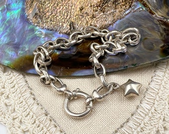 925 Tiny Euro Bolt Oval Belcher Rolo 17.5cm Bracelet With Puff Star Charm Solid Vintage Sterling Silver Eurobolt 5.67g