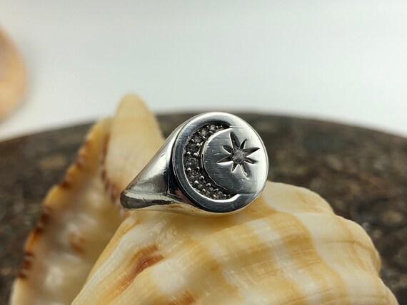 925 Gypsy Crescent Moon & Star Ring M [U.S. 6.5] Vintage Sterling Silver This Be Your Lucky Star