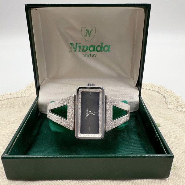 Stunning Nivada 17 Jewels Bangle Watch Wind Up Swiss Made 17cm Silver Textured Bracelet Rectangular Face Original Box Running Well Manual