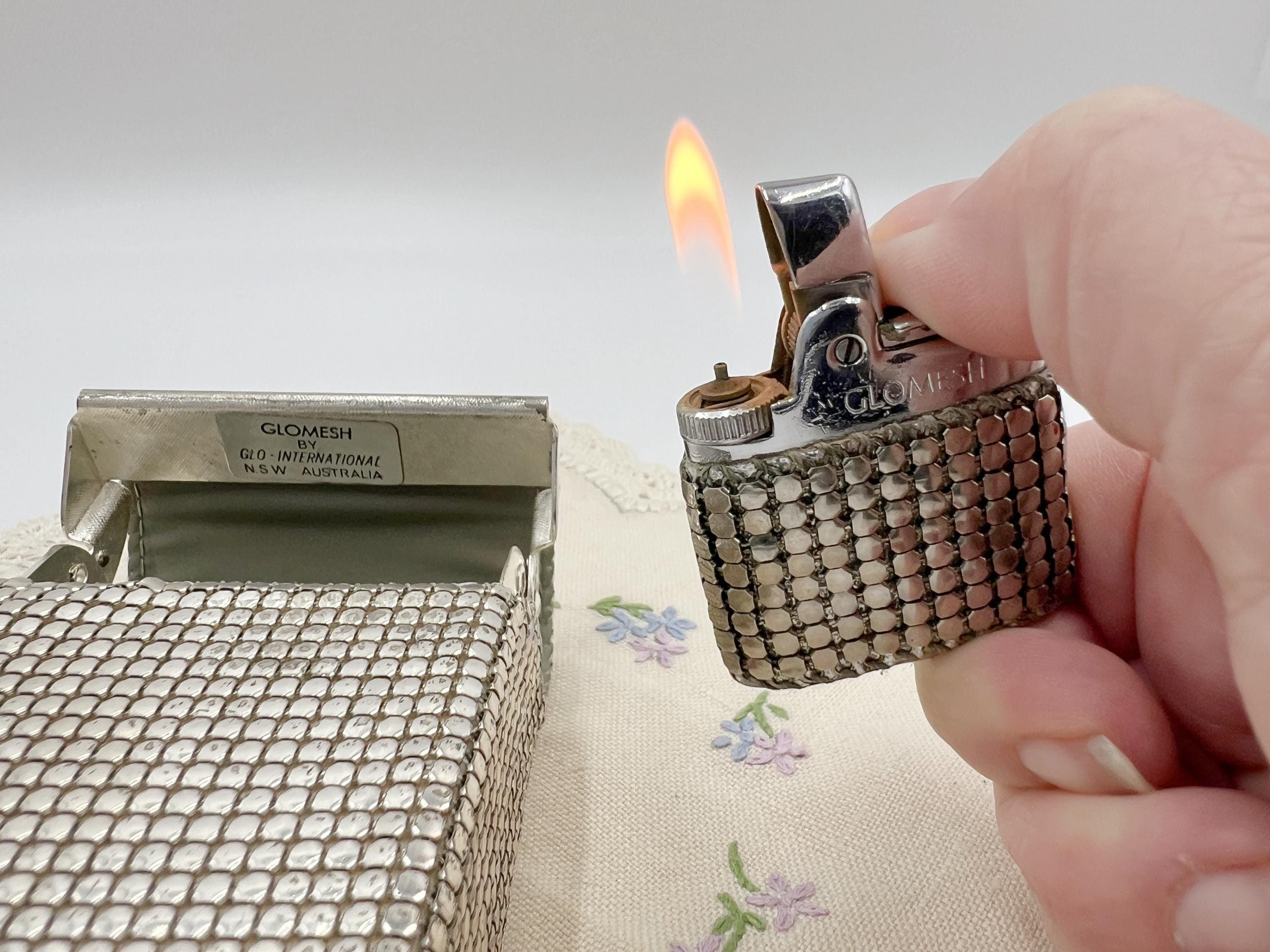 glomesh cigarette lighter Authentic Glomesh Working Lighter & Cigarette Case Hinged Top Lid Both  Silver Made in Australia A Rare Find! Ronson